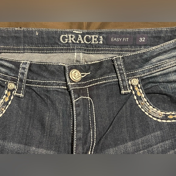 Grace in LA Dark Indigo Boot Cut Jeans with Tan & White Stitching - Picture 4 of 4